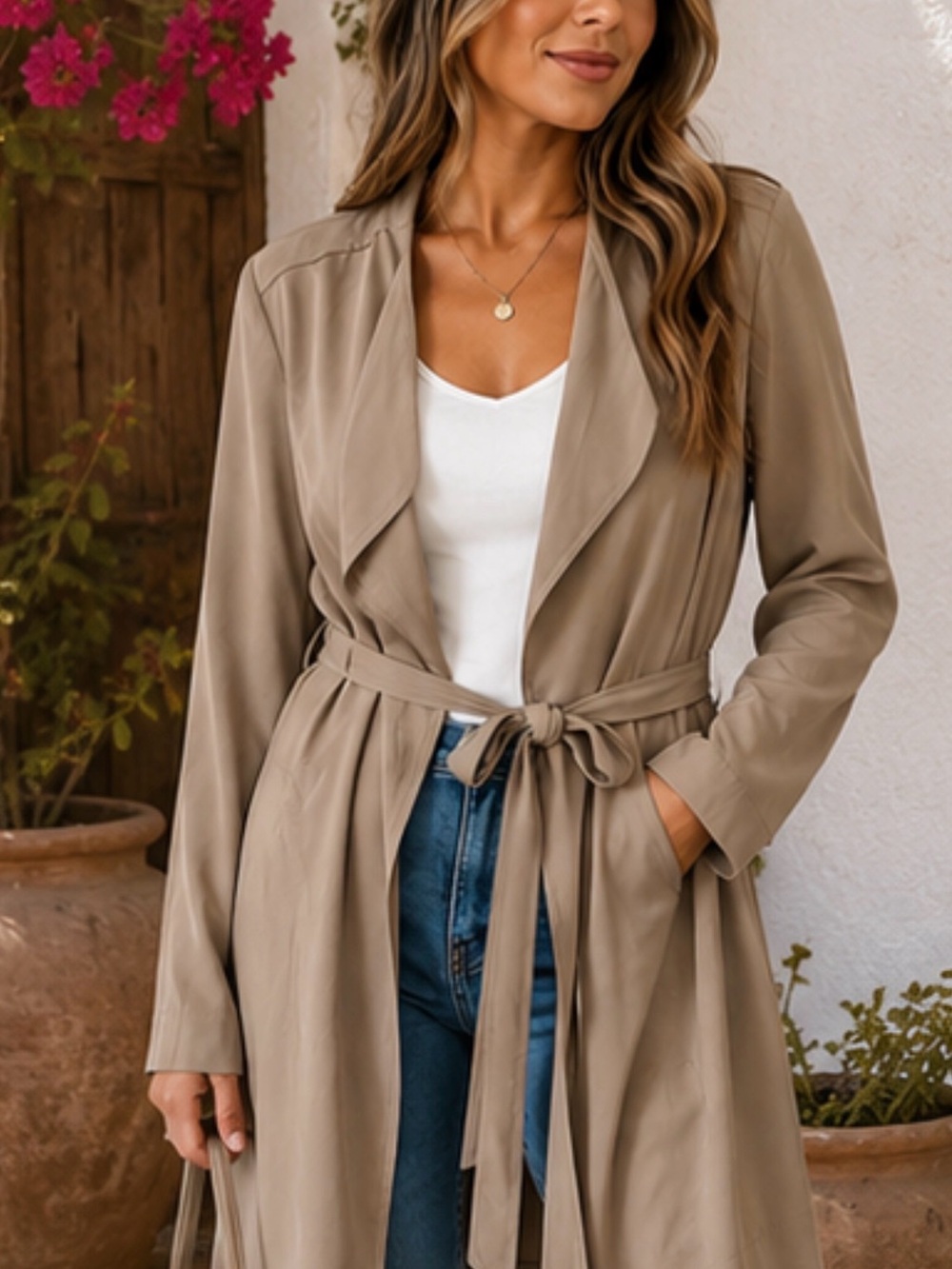 Babaton Taupe Tie-Waist Trench Coat
